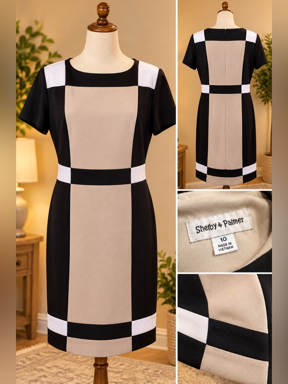 Shelby & Palmer Black, Beige & White Colorblock Sheath Dress